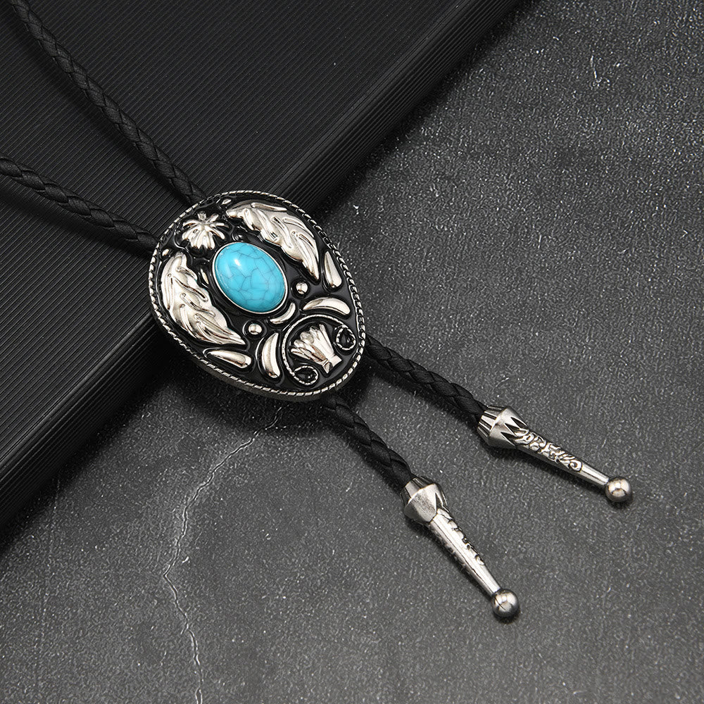 Oval Turquoise Black-and-white Carved Metal Bolo Ties