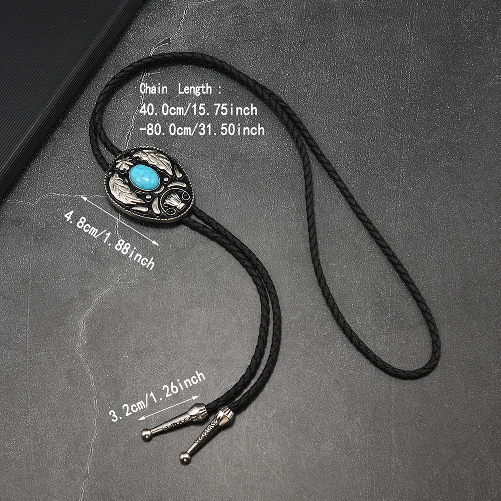 Oval Turquoise Black-and-white Carved Metal Bolo Ties