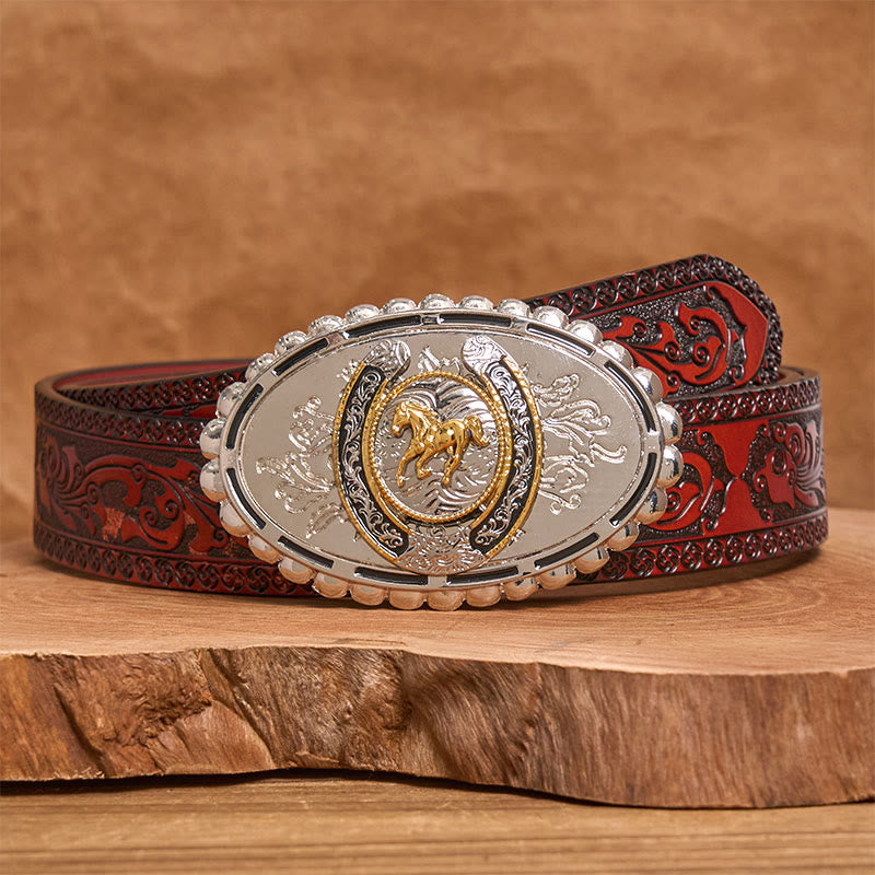Men's Western Silver Carved Golden Horse Ellipse Buckle Leather Belt