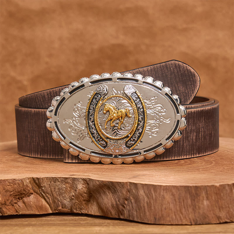 Men's Western Silver Carved Golden Horse Ellipse Buckle Leather Belt