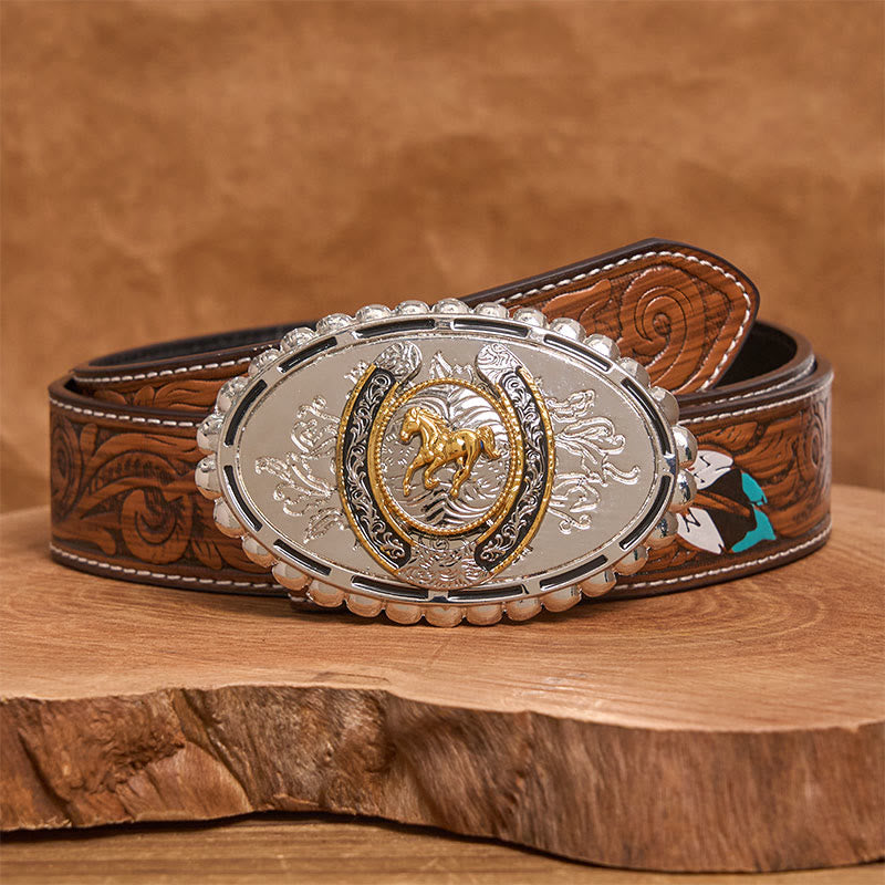 Men's Western Silver Carved Golden Horse Ellipse Buckle Leather Belt