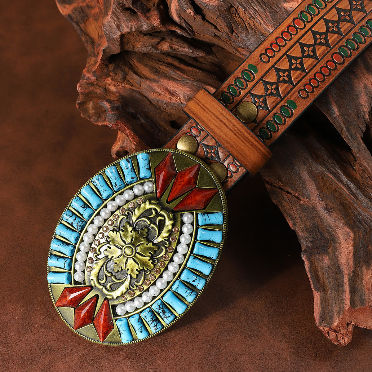 Turquoise Pearl Red Gem Retro Pattern Buckle Floral Embossed Leather Belt