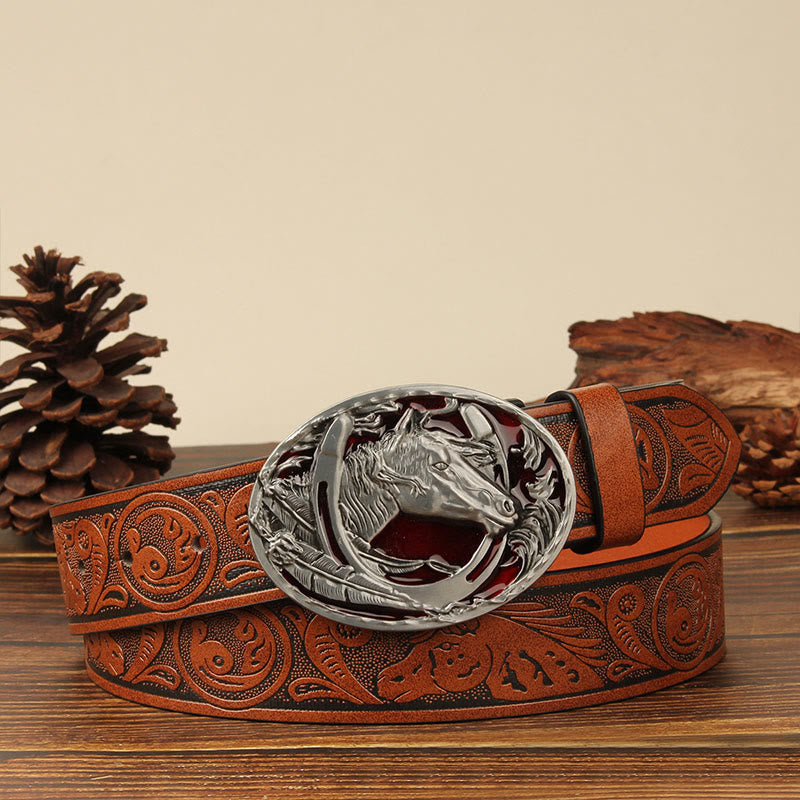 Men's Silver Horsehead & Horseshoe Carving Leather Belt