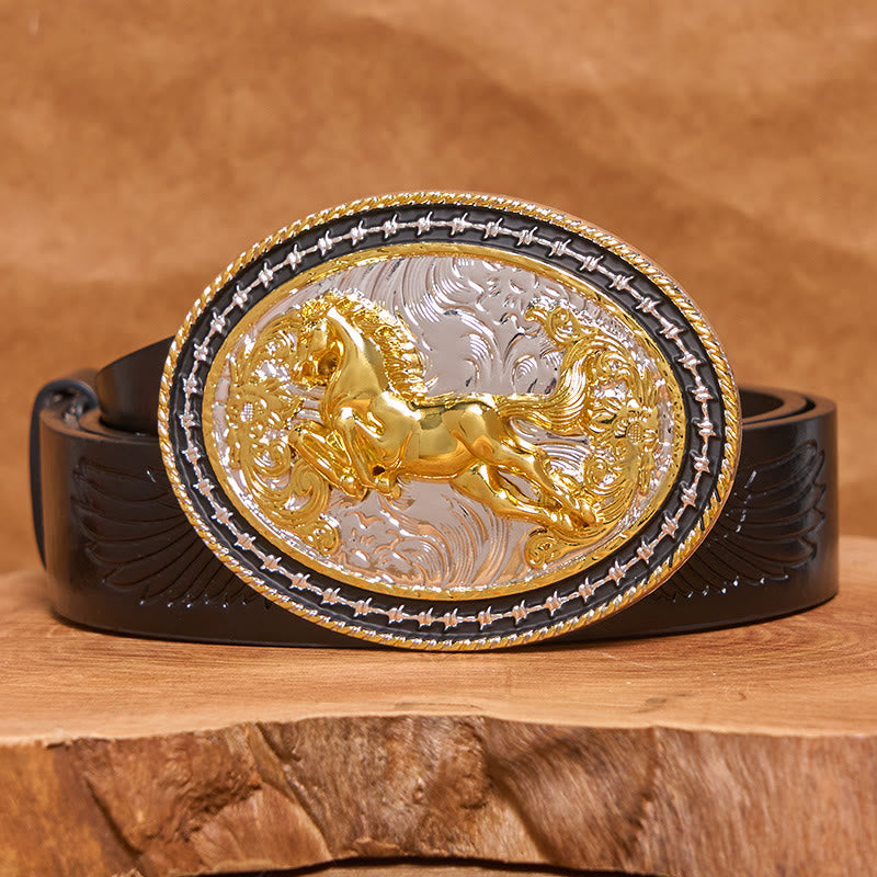 Men's Golden Galloping Horse Oval Carved Buckle Leather Belt