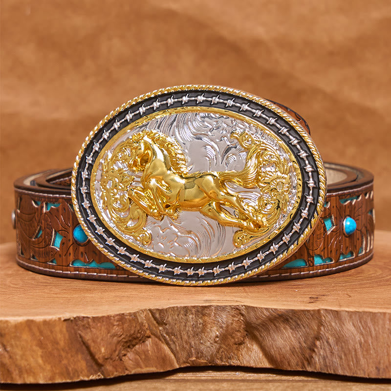 Men's Golden Galloping Horse Oval Carved Buckle Leather Belt