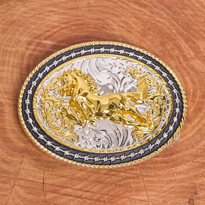 Men's Golden Galloping Horse Oval Carved Buckle Leather Belt