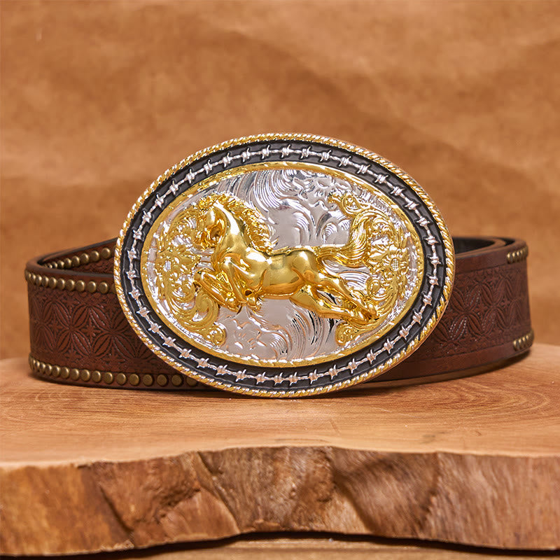 Men's Golden Galloping Horse Oval Carved Buckle Leather Belt