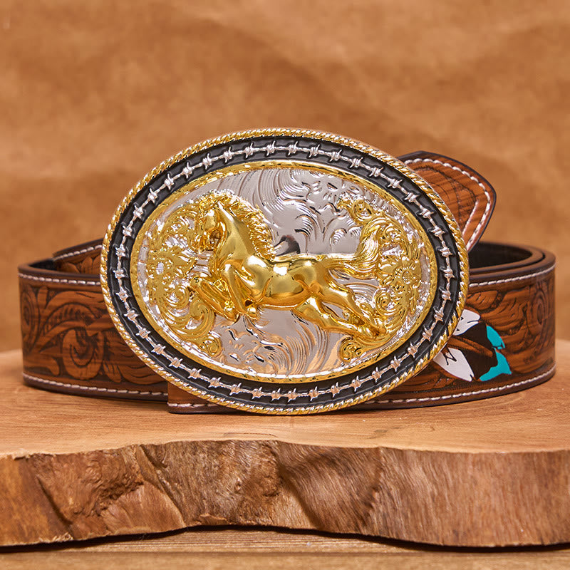 Men's Golden Galloping Horse Oval Carved Buckle Leather Belt