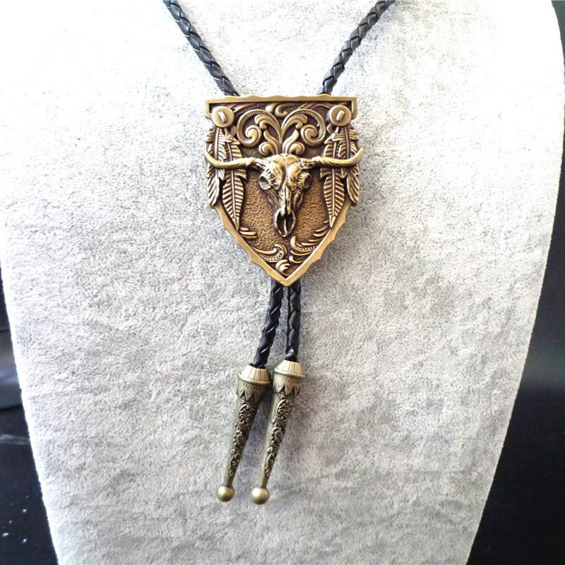 Steer Skull Emblem Vintage Carved Metal Bolo Tie