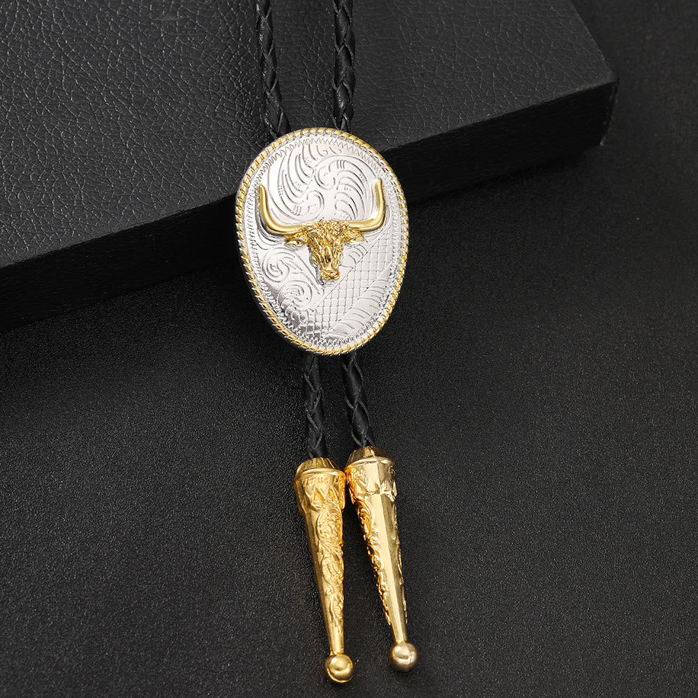 Western Retro Golden Bullhead Silver Plate Bolo Tie