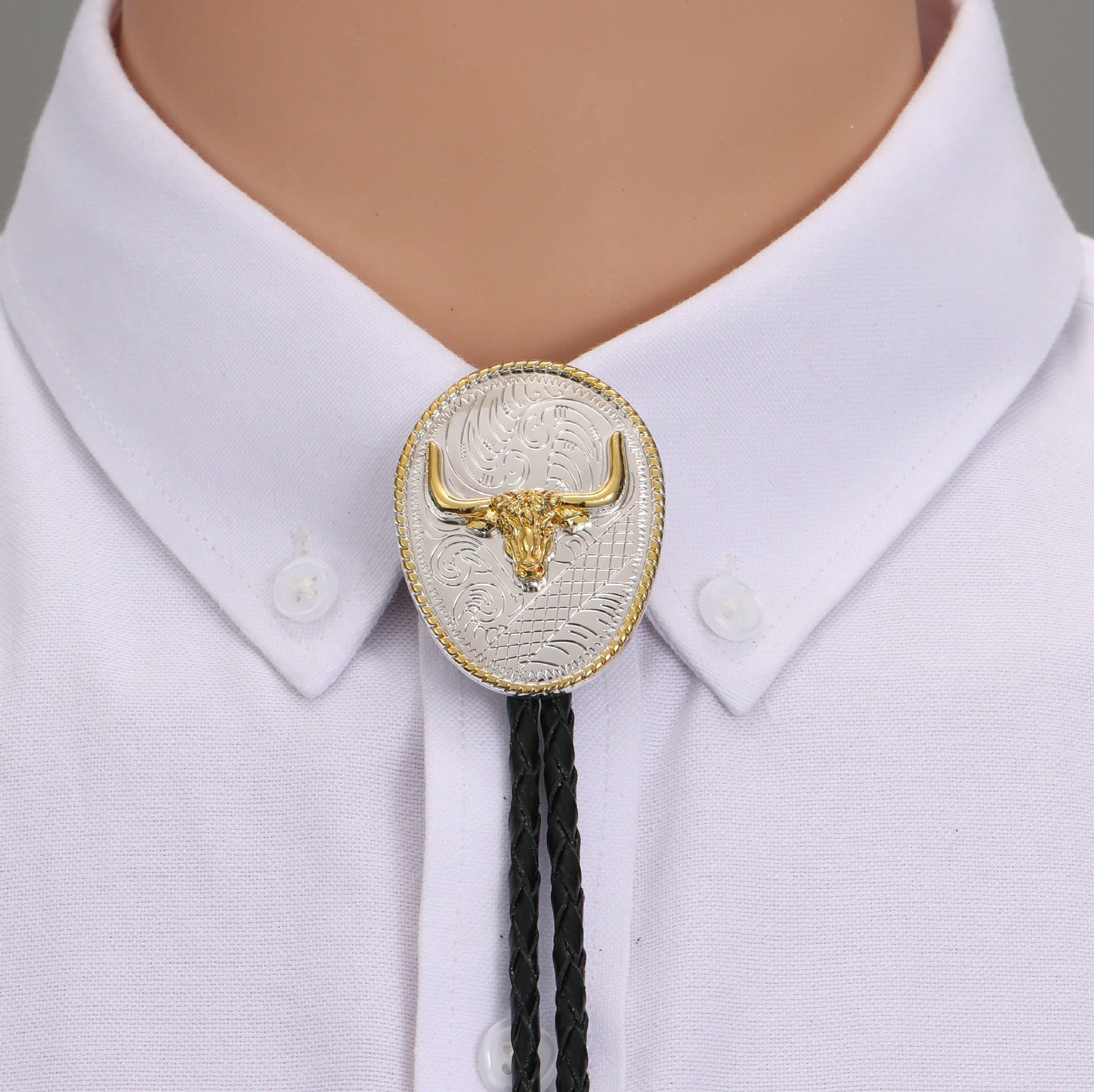 Western Retro Golden Bullhead Silver Plate Bolo Tie