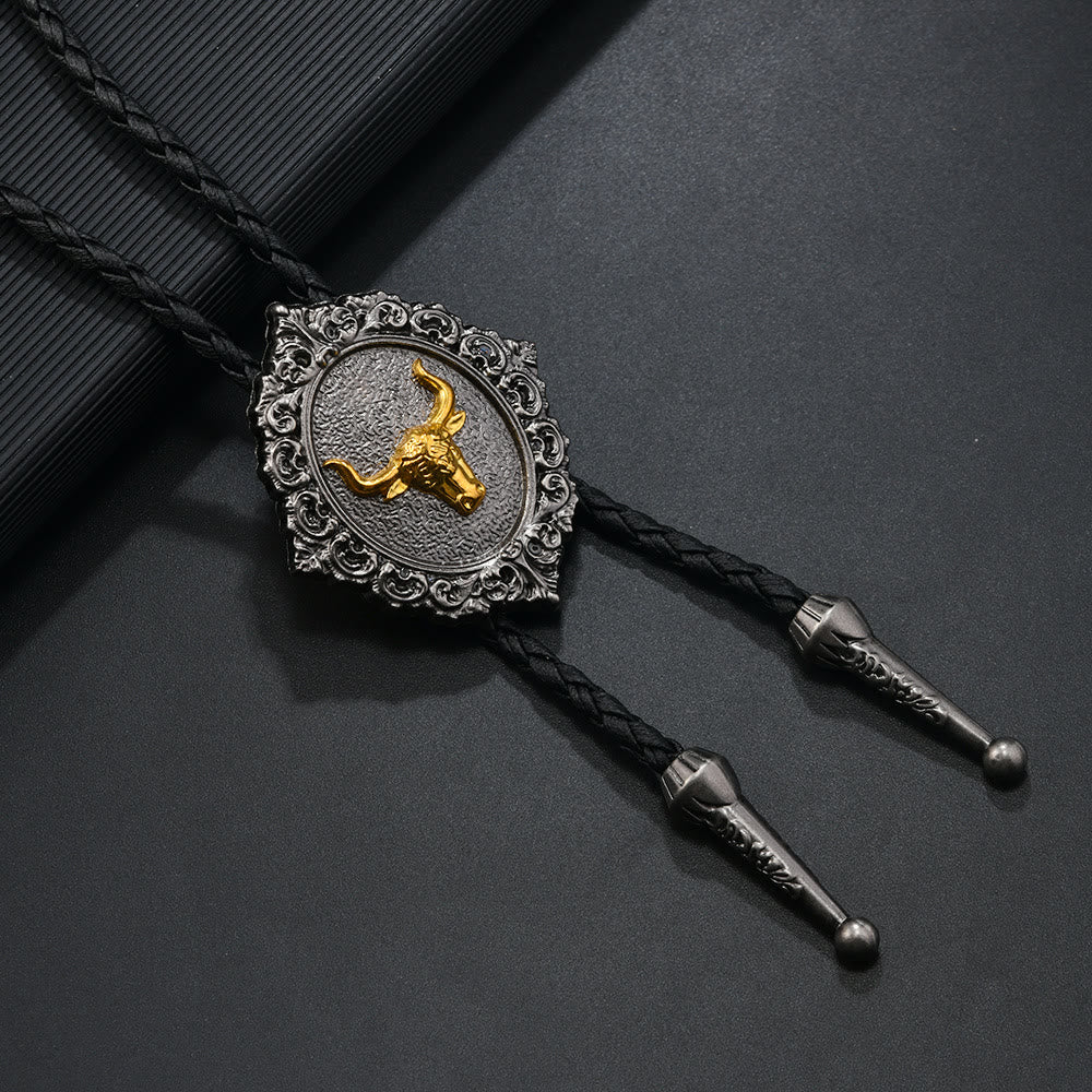 Horse And Bull Head Emblem Vintage Carved Metal Bolo Tie