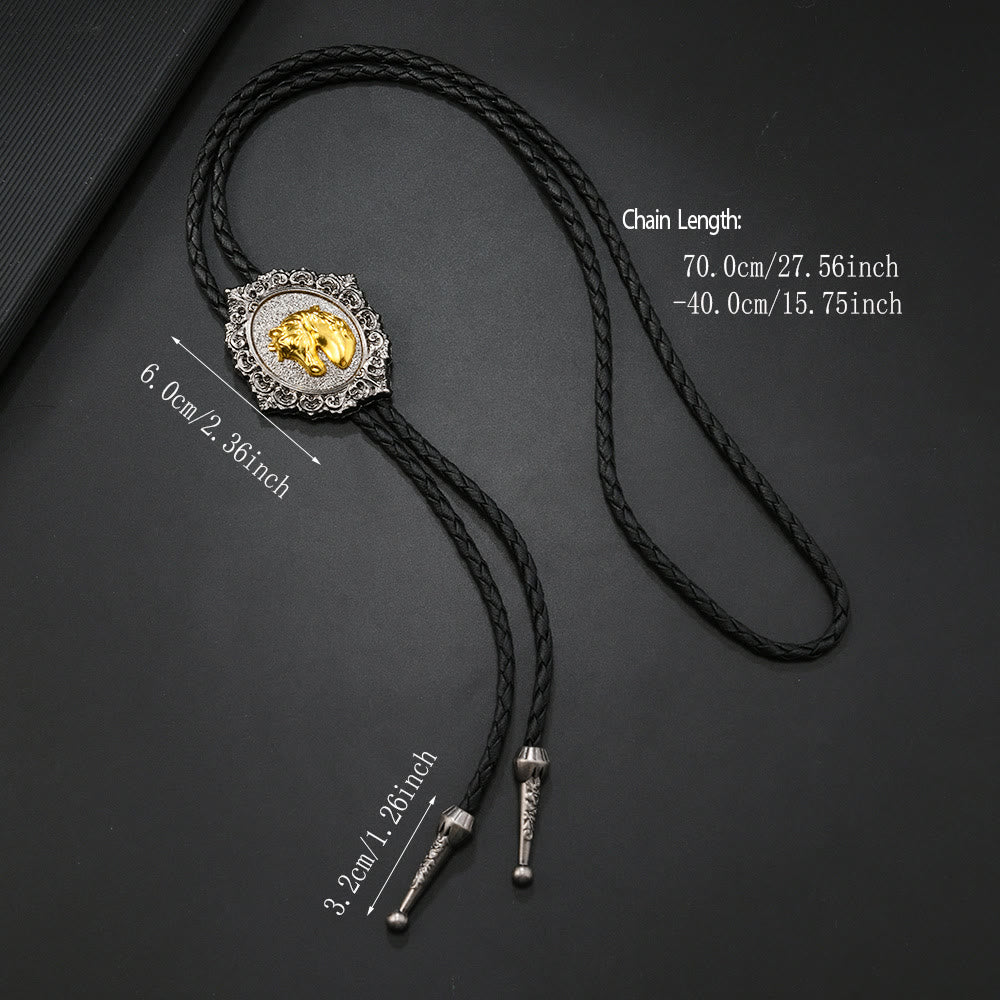 Horse And Bull Head Emblem Vintage Carved Metal Bolo Tie