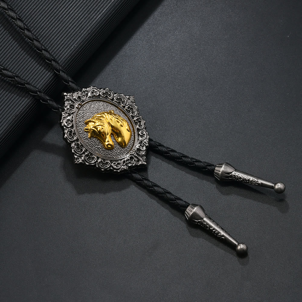 Horse And Bull Head Emblem Vintage Carved Metal Bolo Tie