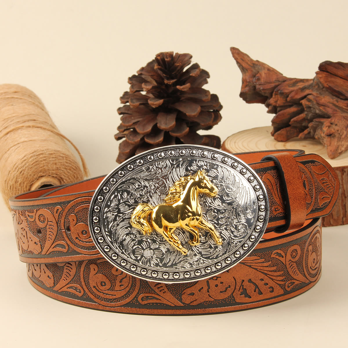 Men's Golden Horse Silver Oval Buckle Embossed Leather Belt
