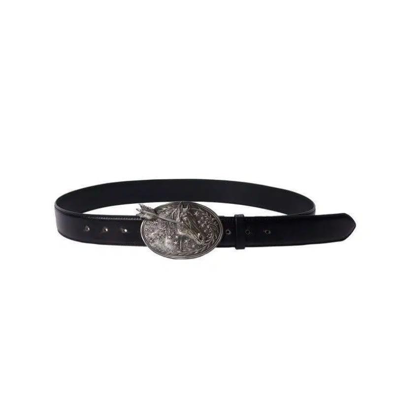 Men's Silver Horsehead Arrow Stars Buckle Black Leather Belt