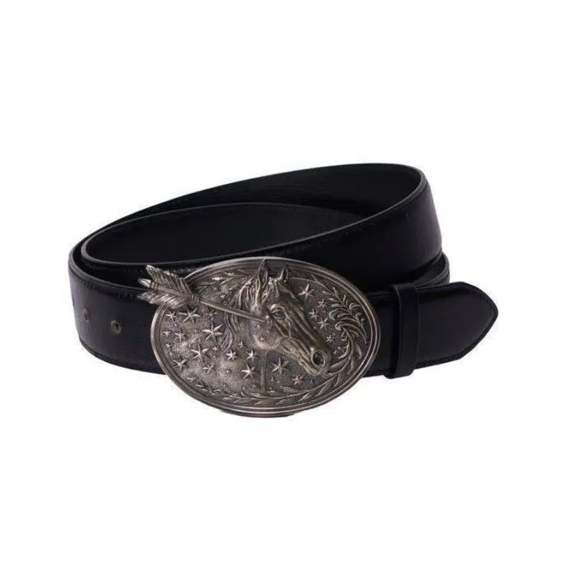 Men's Silver Horsehead Arrow Stars Buckle Black Leather Belt