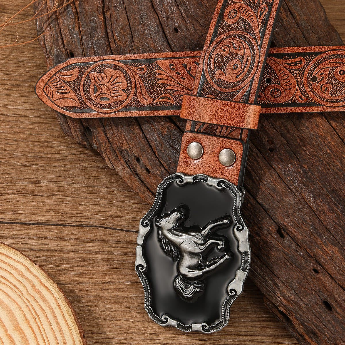 Retro Horse Embellished Buckle Patterned Multi Color Holeless Leather Belt