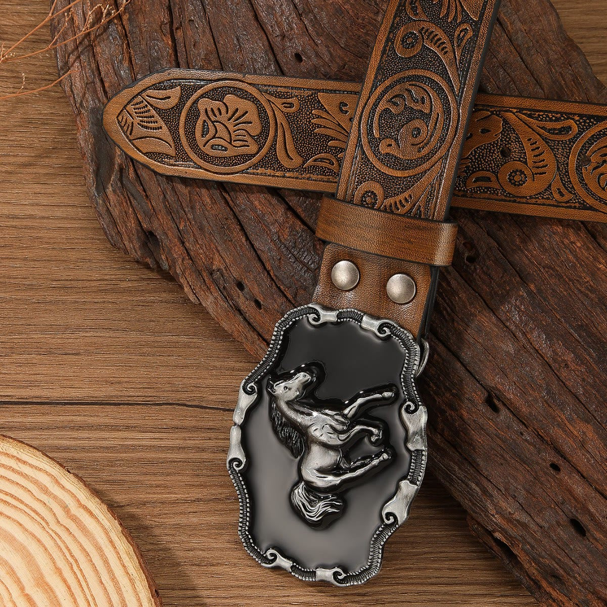 Retro Horse Embellished Buckle Patterned Multi Color Holeless Leather Belt