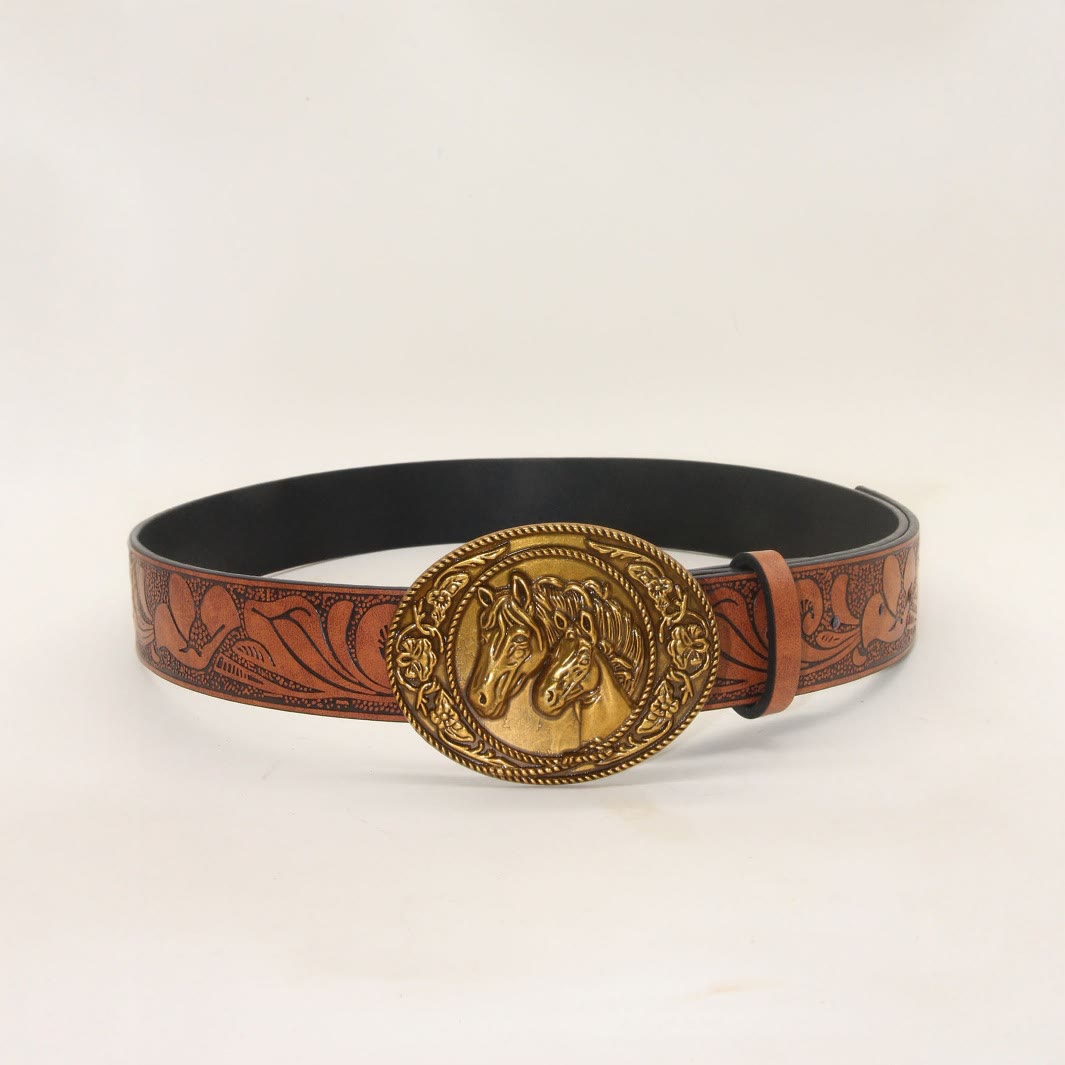 Men's Western Style Double Horsehead Buckle Embossed Leather Belt