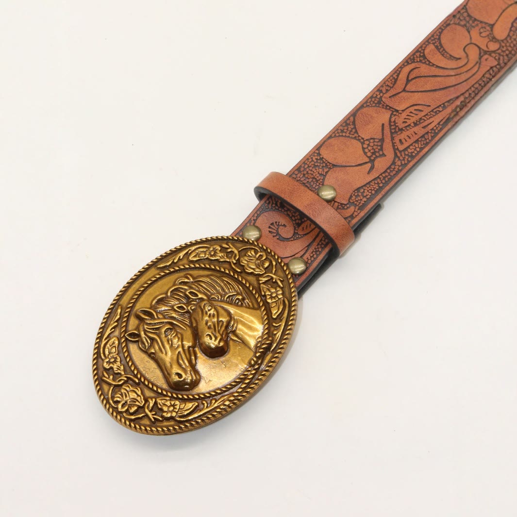 Men's Western Style Double Horsehead Buckle Embossed Leather Belt