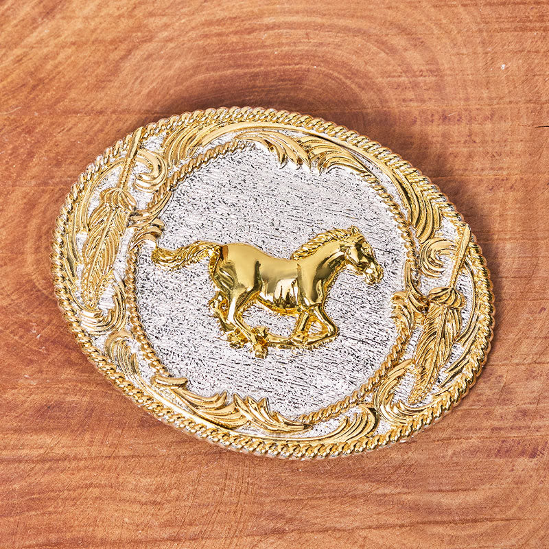 Men's Golden Galloping Horse Oval Buckle Leather Belt