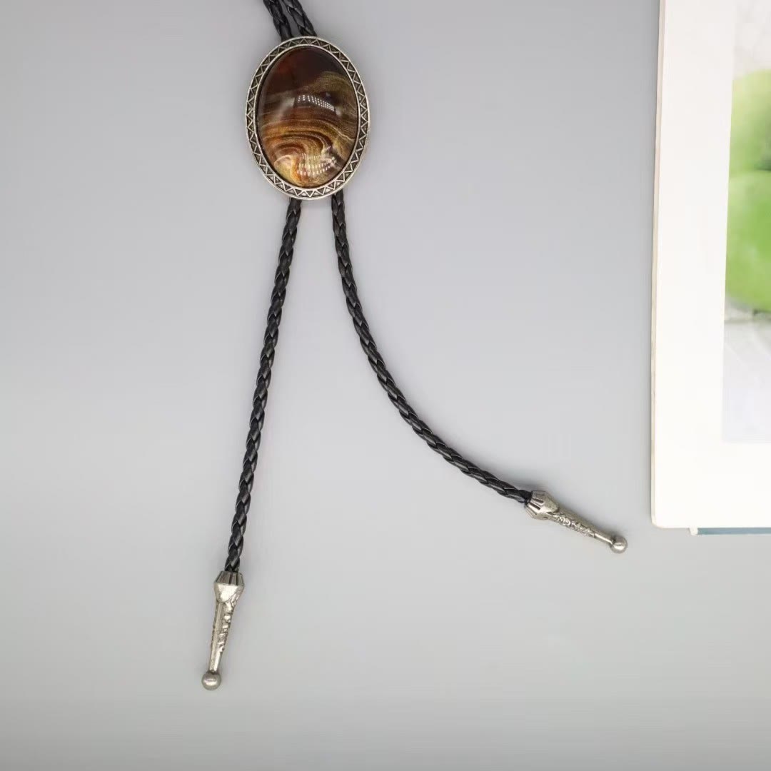 Wood Grain Agate Retro Metal Frame Bolo Tie