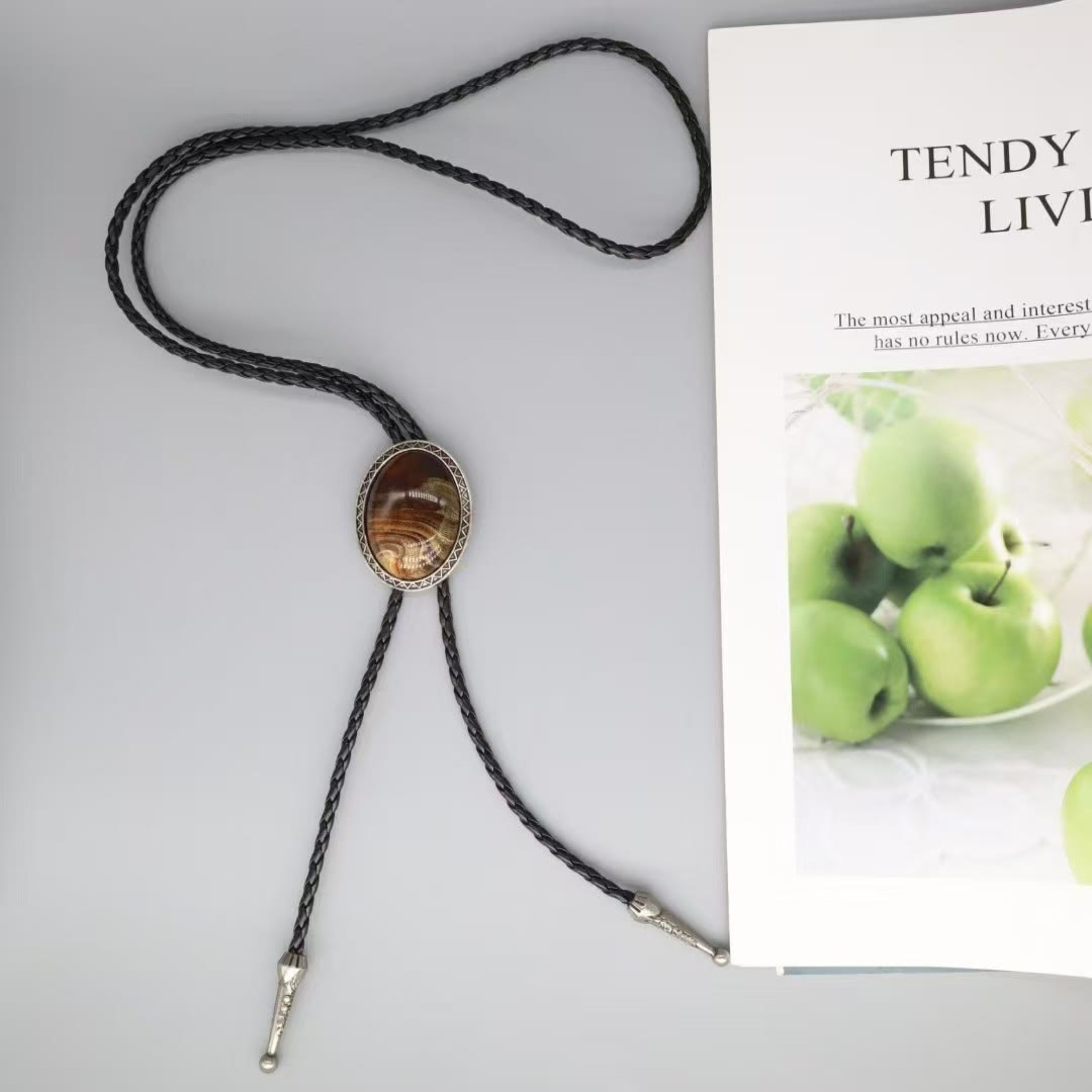 Wood Grain Agate Retro Metal Frame Bolo Tie