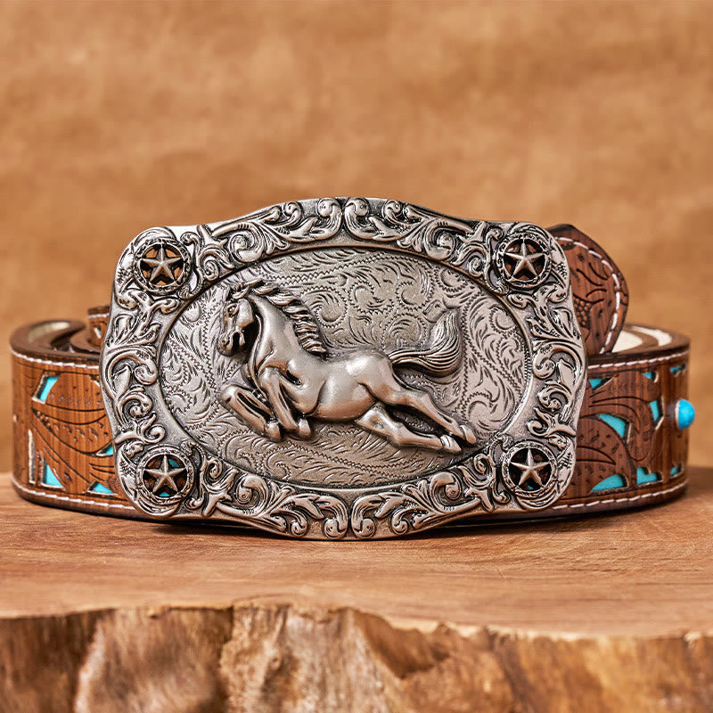 Men's Silver Galloping Horse & Stars Buckle Leather Belt
