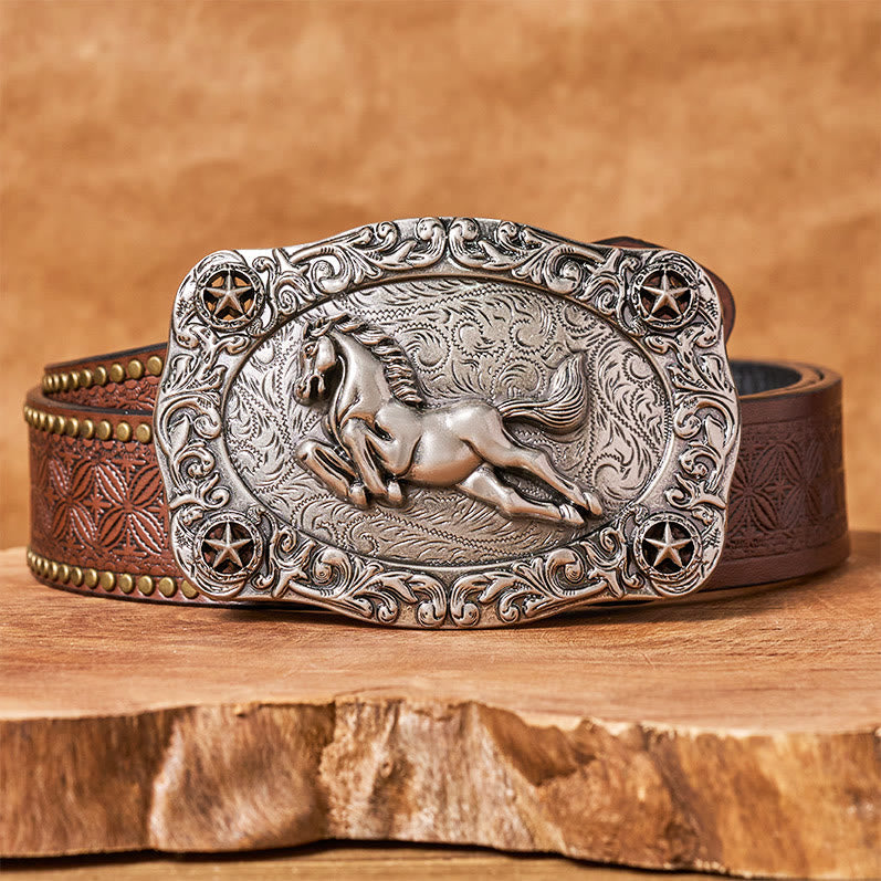 Men's Silver Galloping Horse & Stars Buckle Leather Belt