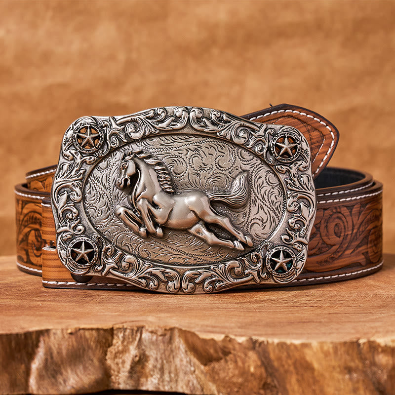 Men's Silver Galloping Horse & Stars Buckle Leather Belt