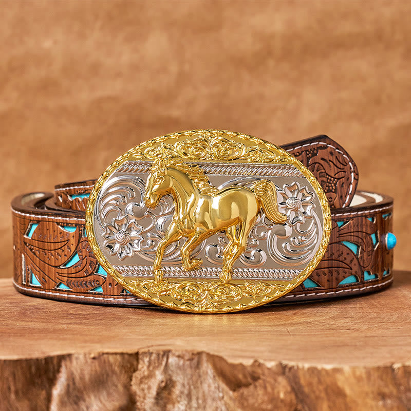Men's Gold & Silver Galloping Horse Oval Buckle Leather Belt