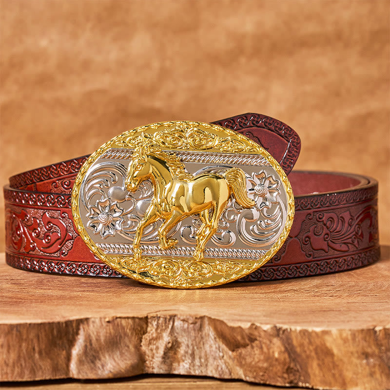 Men's Gold & Silver Galloping Horse Oval Buckle Leather Belt