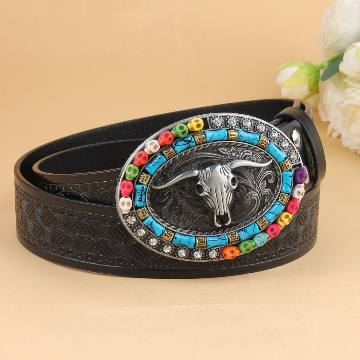 Western Bohemian Beaded Turquoise Bullhead Buckle Embossed Leather Belt