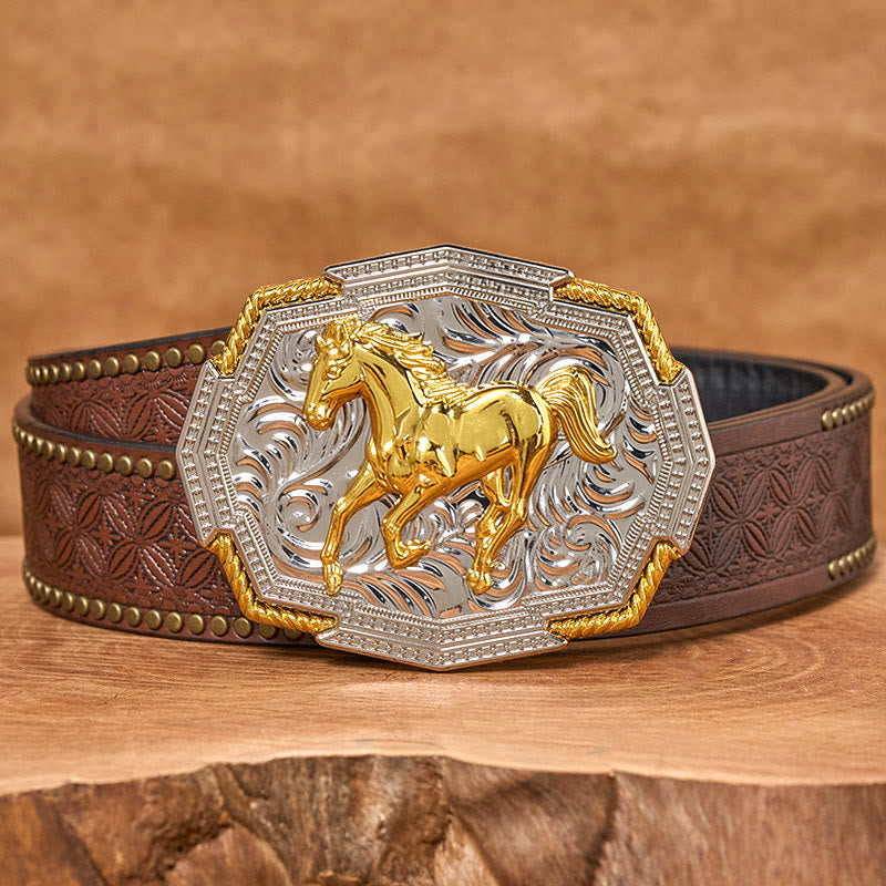 Men's Western Gold And Silver Relief Galloping Horse Buckle Leather Belt