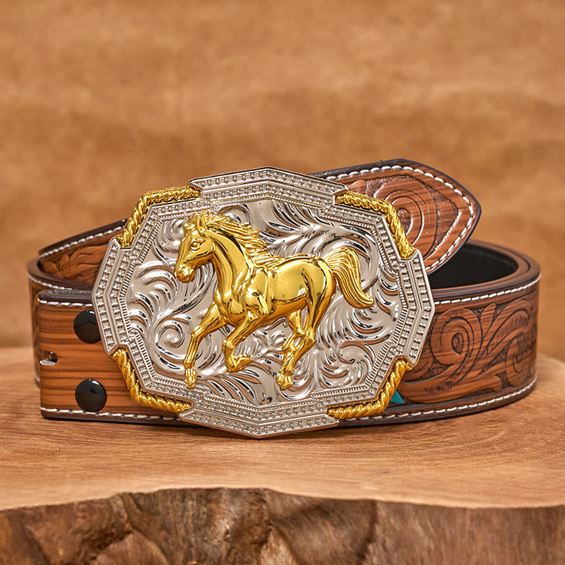 Men's Western Gold And Silver Relief Galloping Horse Buckle Leather Belt