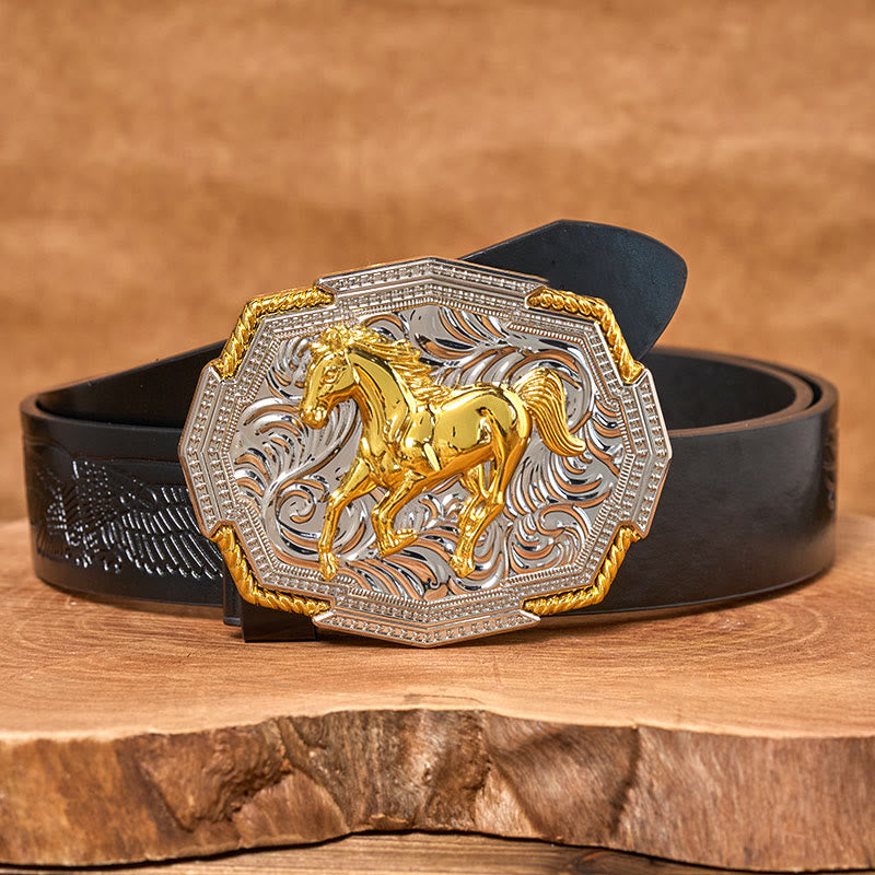 Men's Western Gold And Silver Relief Galloping Horse Buckle Leather Belt