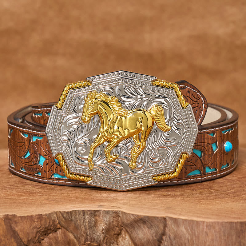Men's Western Gold And Silver Relief Galloping Horse Buckle Leather Belt