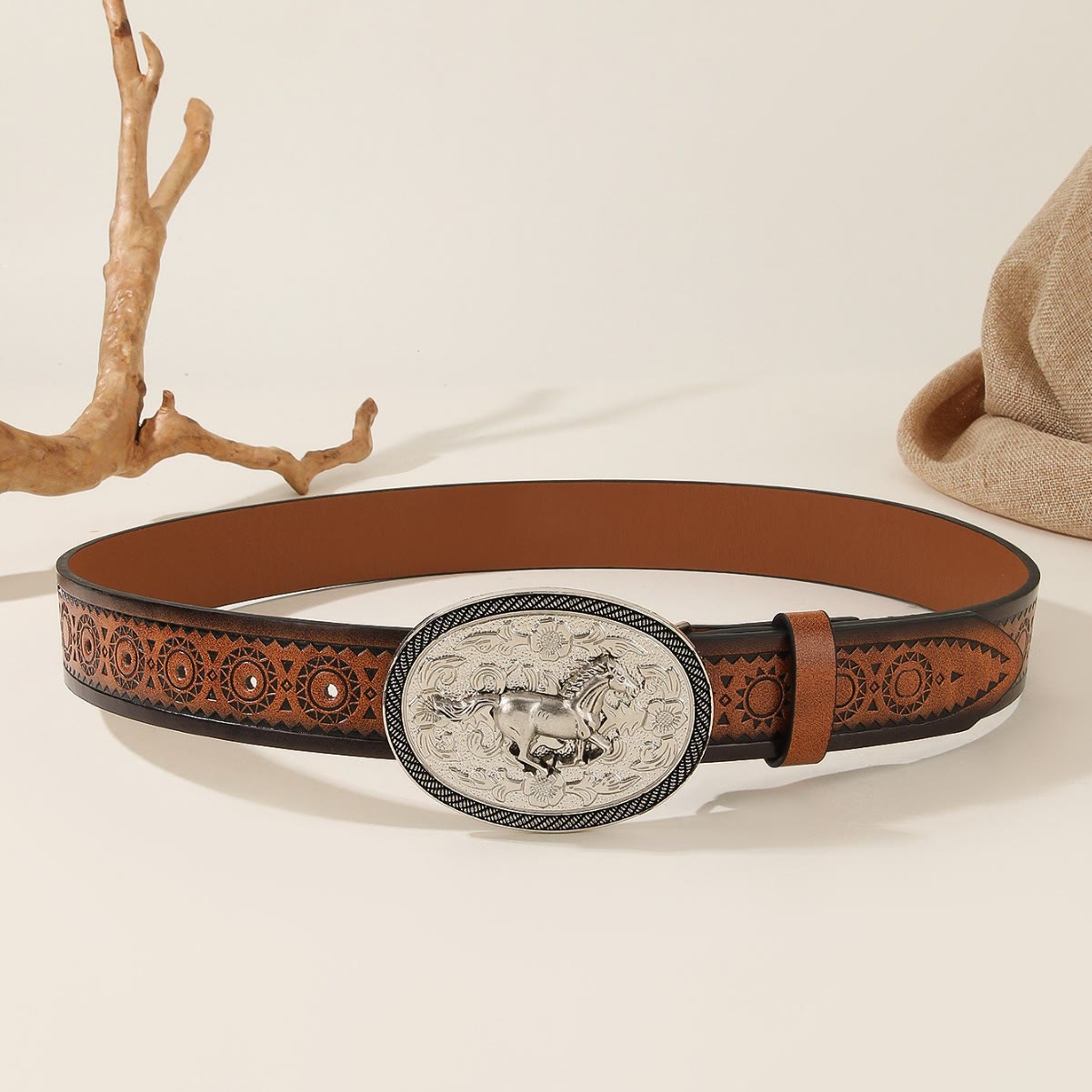 Men's Running Horse Silver Oval Buckle Embossed Leather Belt