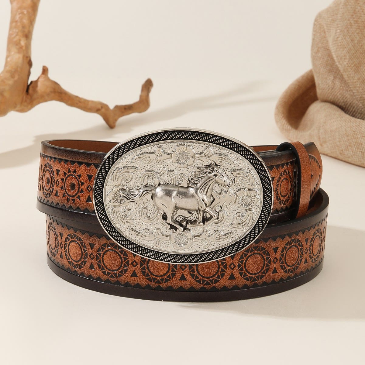 Men's Running Horse Silver Oval Buckle Embossed Leather Belt