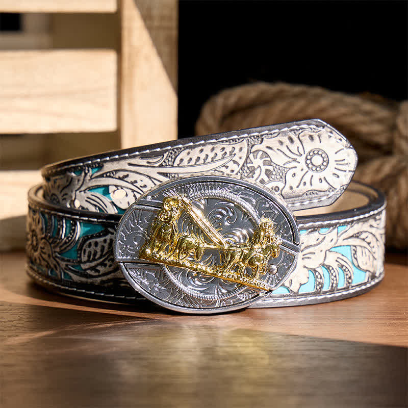 Western Horse Carriage DIY Hidden Folding Knife Gold Buckle Leather Belt