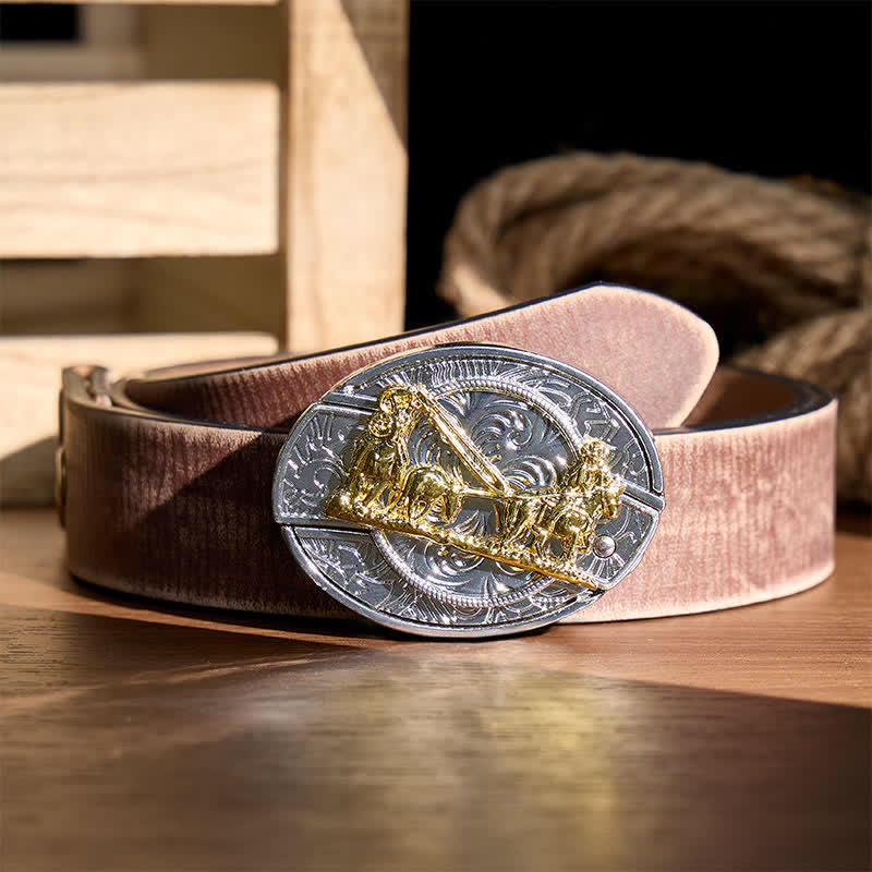 Western Horse Carriage DIY Hidden Folding Knife Gold Buckle Leather Belt