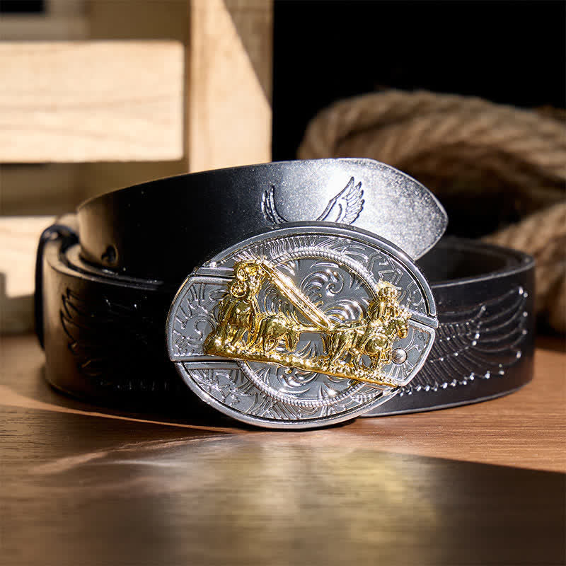 Western Horse Carriage DIY Hidden Folding Knife Gold Buckle Leather Belt