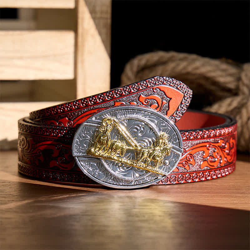 Western Horse Carriage DIY Hidden Folding Knife Gold Buckle Leather Belt