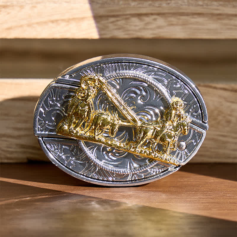 Western Horse Carriage DIY Hidden Folding Knife Gold Buckle Leather Belt