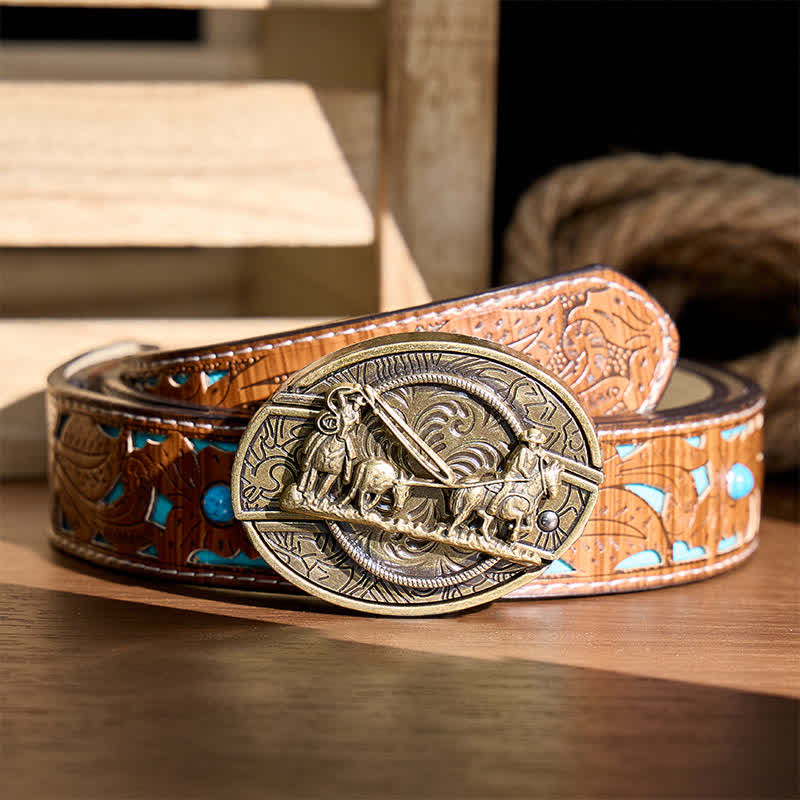 Bronze Horse Carriage DIY Hidden Folding Knife Western Buckle Leather Belt