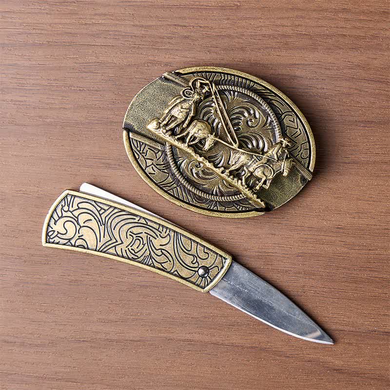 Bronze Horse Carriage DIY Hidden Folding Knife Western Buckle Leather Belt