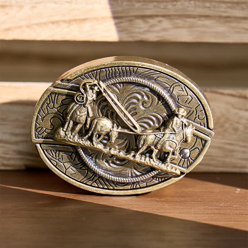 Bronze Horse Carriage DIY Hidden Folding Knife Western Buckle Leather Belt