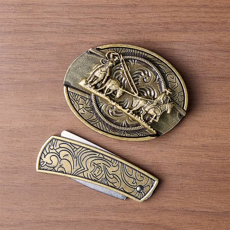 Bronze Horse Carriage DIY Hidden Folding Knife Western Buckle Leather Belt