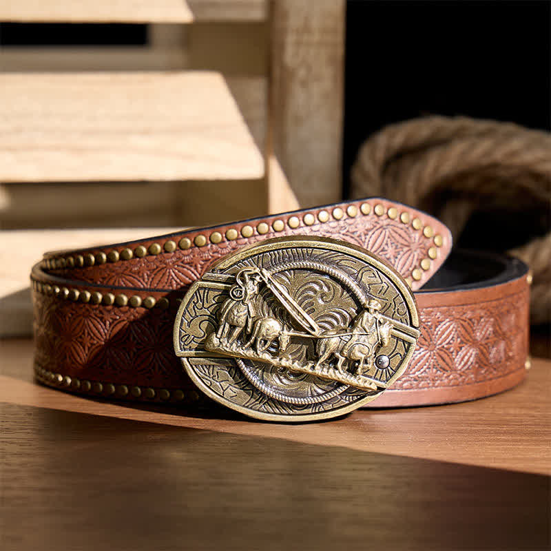 Bronze Horse Carriage DIY Hidden Folding Knife Western Buckle Leather Belt